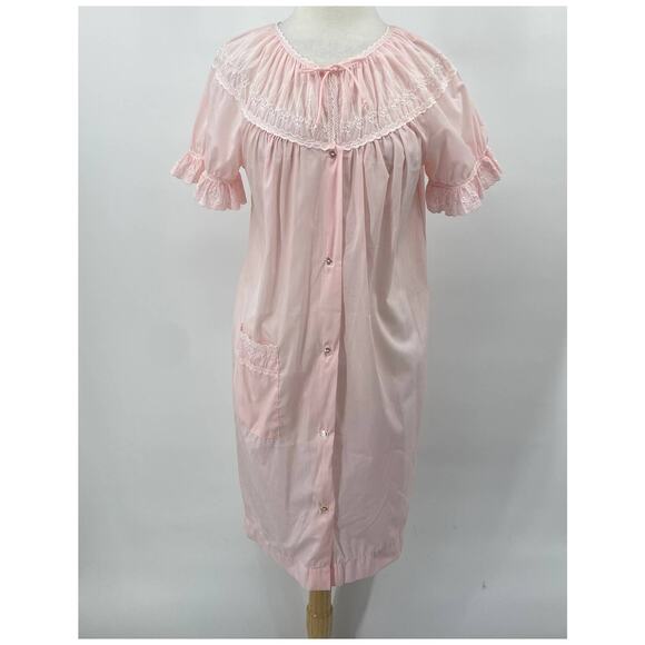 Vintage Nightgown Embroidered Neck Ruffled Short Sleeves Mini Pink Womens Medium - Picture 2 of 9